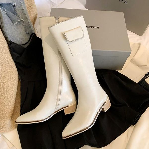 

boots leather thick med high heels bag decoration equestrian winter shoes fashion zip cool knee l05, Black