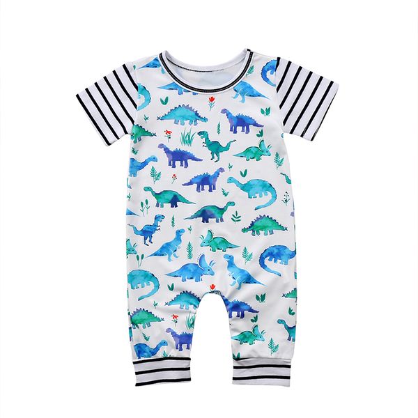 

short sleeve striped cartoon dinosaur printed jumpsuit rompers for baby boy, White
