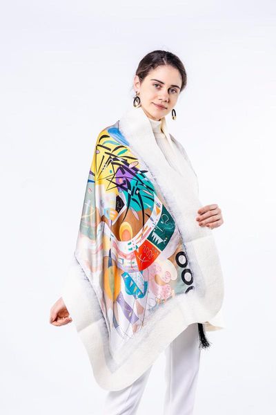 

scarves nomads felt kandinsky dominant curve white silk shawl, Blue;gray