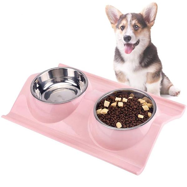 

double cat bowl stainless steel pet bowls water feeder for kitty pets supplies feeding dishes & feeders