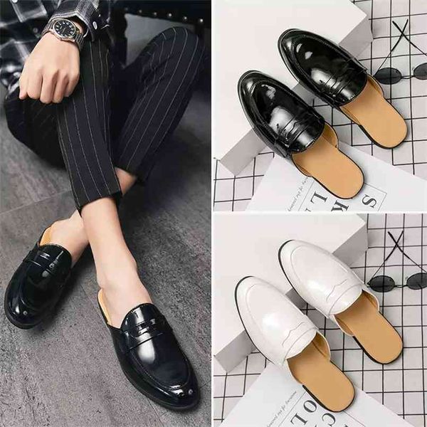 

men's shoes fashion casual high-end pure color pu patent leather mask classic lazy summer half slippers 3kc159 210628, Black