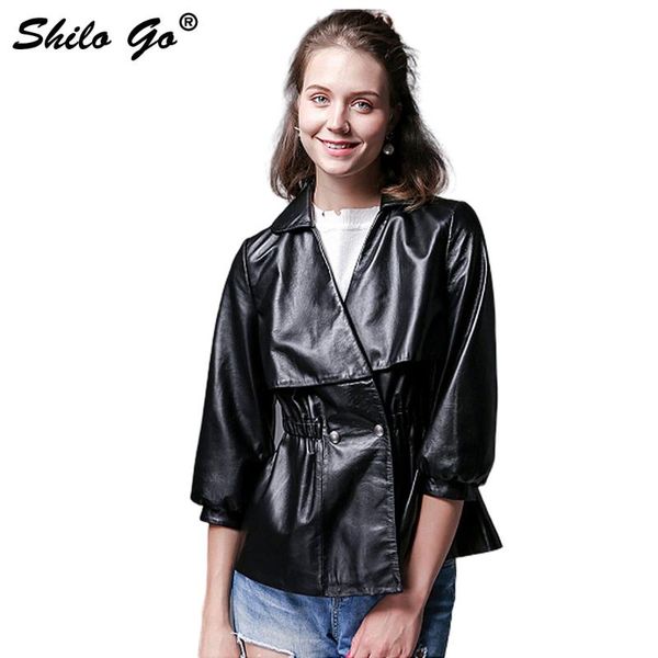 

women's jackets shilo go leather jacket autumn fashion sheepskin genuine v neck half sleeve single button rivet waist skirt coat, Black;brown