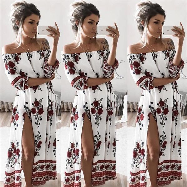 

boho summer off shoulder women dresses holiday beach long maxi vintage floral printed half sleeve slash neck vestidos, Black;gray