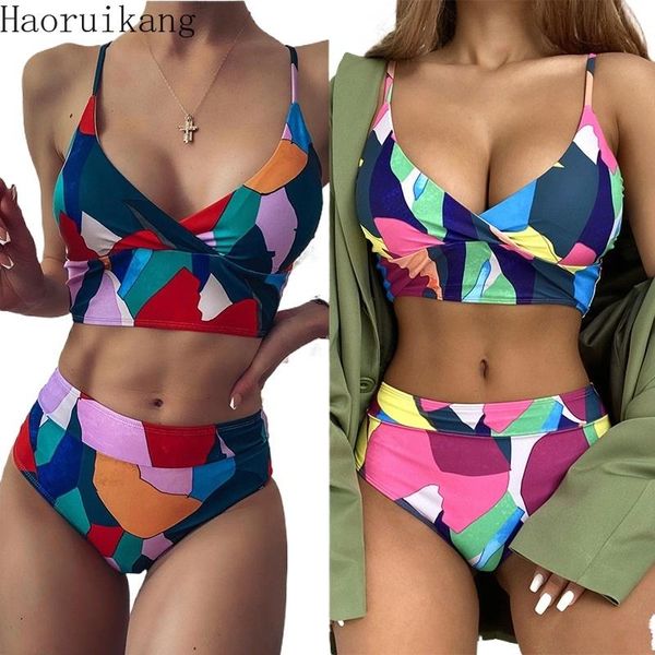 

two-piece suits women print v neck swimwear cross two piece swimsuit brazilian high waist bikini set