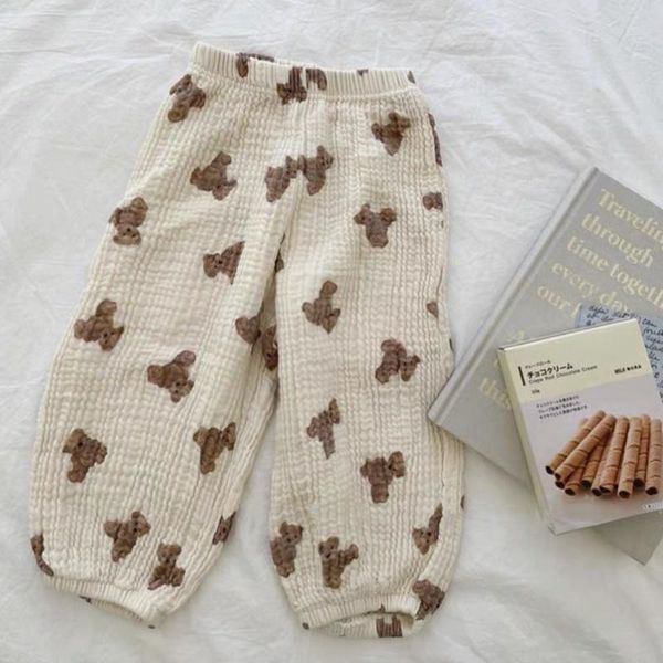 

trousers cartoon bear printing boys pants summer casual infant kids bloomers toddler girls legging vintage linen cotton children, Blue