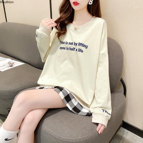 

houthion women sweater the fashion casual temperament loose slim stitching letter printing o-neck long sleeve women's sweaters, White;black