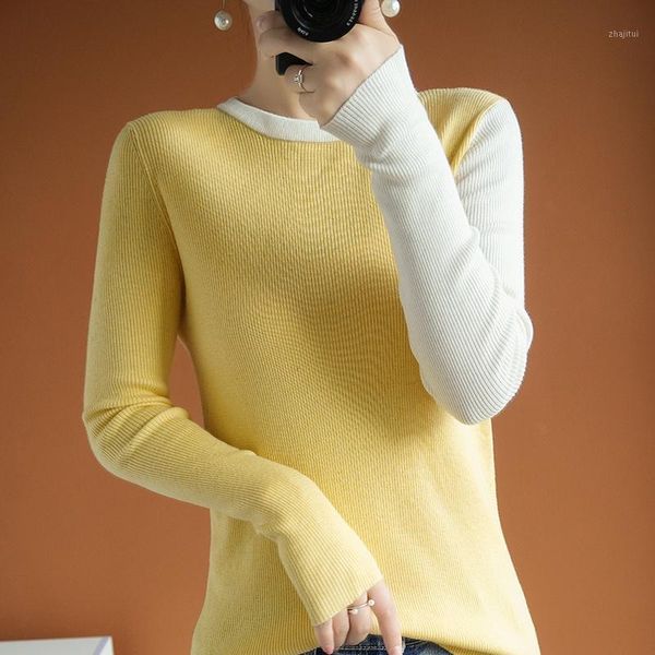 

women worsted wool sweater patchwork long sleeves slim soft basic shirt stylish female pullover spring fall round neck women's sweaters, White;black