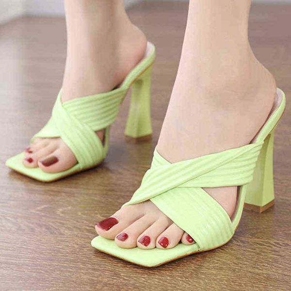 

slippers women s pleated heels dress shoes new summer 11 5 cm high slides sandals suqare toe design 220308, Black