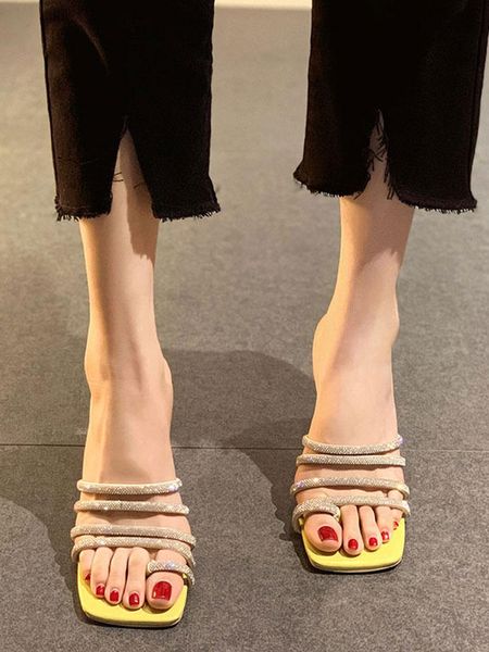 

slippers outdoor women's shoes 2021 summer style set-toed flashing diamond heterosexual heel fashion high heels, Black