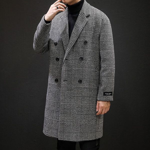 

men's wool & blends 2021 men keep warm in winter plaid long woolen cloth coat male slim fit leisure jackets overcoat 4xl, Black