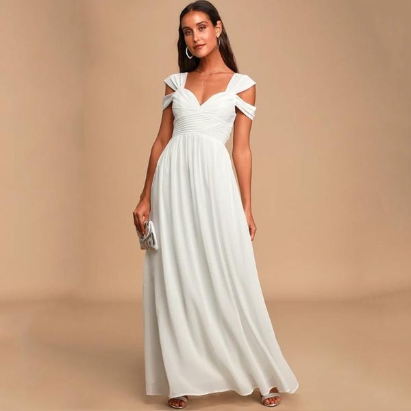 

casual dresses off the shoulder white chiffon long dress folds pleated backless a line summer vintage maxi gown, Black;gray