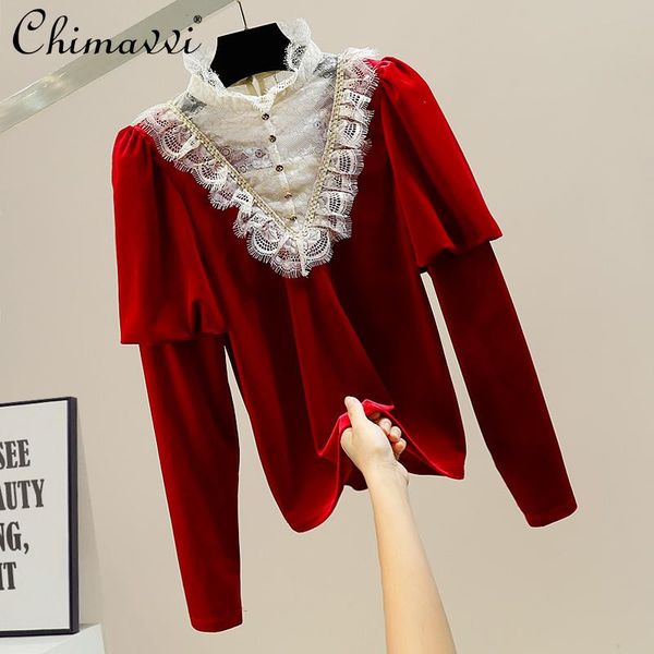 

women's blouses & shirts 2021 fall female vintage puff sleeve sweet lace patchwork stand-up collar ladies elegant velvet shirt solid pu, White
