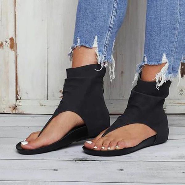 

solid zipper women's sandals summer women outdoor breathable bohemia casual beach flat shoes sandal, Black