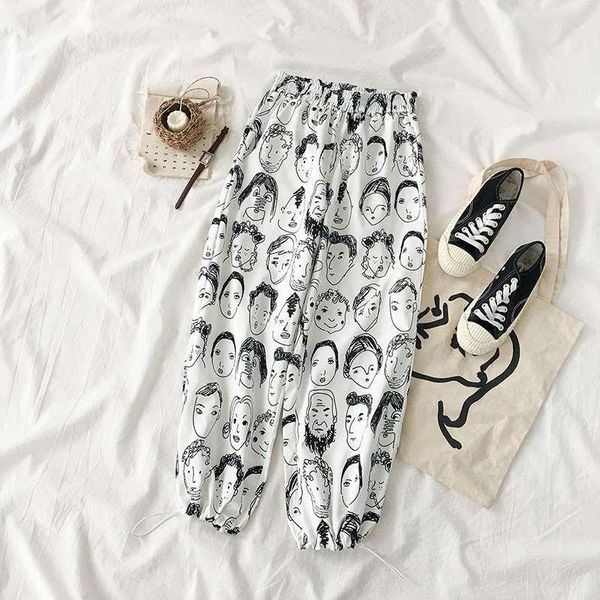 

women's pants & capris cartoon print hip hop for women elastic waist harajuku trousers high sweatpants plus size joggers streetwear, Black;white