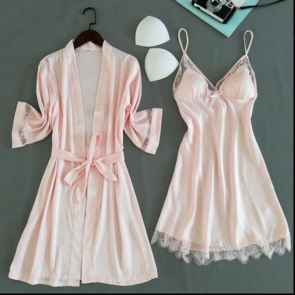 

pink 2pc pajamas sleep set womens sleepwears lace nightwear kimono gown suit v neck sleepwear strap home clothing, Black;red