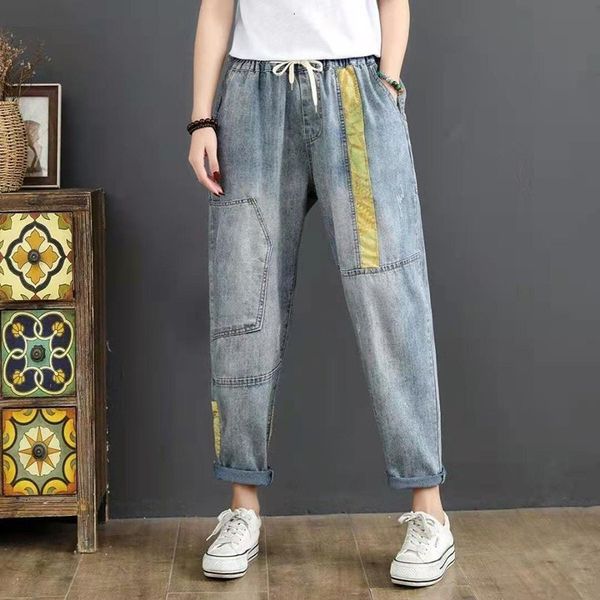 

women's jeans arrival spring women loose elastic waist harem pants all-matched casual cotton denim patchwork w42 ygog, Blue