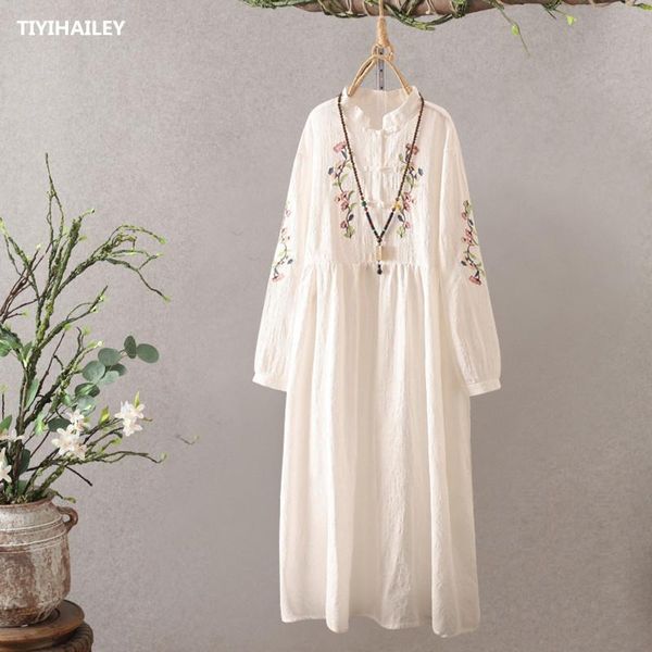 

casual dresses tiyihailey 2021 a-line spring embroidery long sleeve cotton mid-calf dress chinese style white, Black;gray
