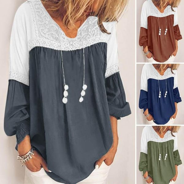 

women's blouses & shirts plus size tunic lace stiching blouse zanzea fashion autumn casual long sleeve ruffle female solid blusas 5xl, White