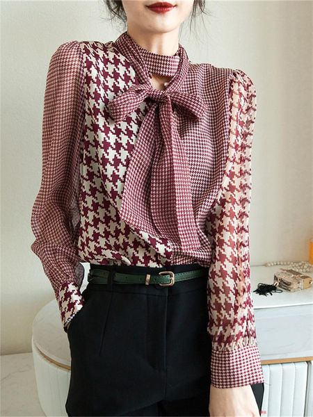 

women's blouses & shirts women spring autumn long sleeve office lady chic patchwork bow collar plaid chiffon shirt female plus size cl, White