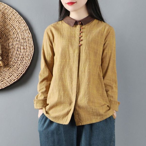 

t shirts spring autumn arts women long sleeve loose vintage shirts turn-down collar single-breasted cotton linen blouse v70 a9qb, White