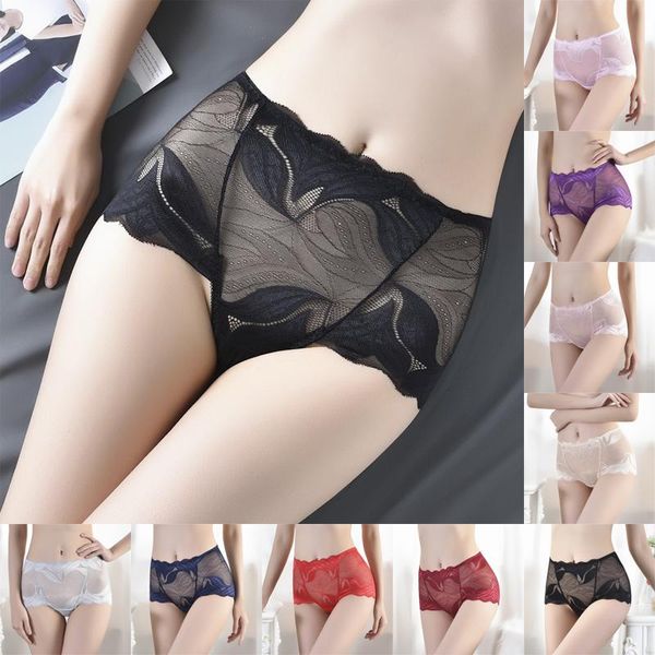 

women's panties floral lace lingerie high fit female waist briefs rhombus mesh underpant plus size ladies underwear, Black;pink
