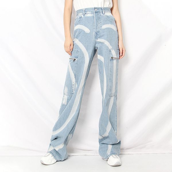 

jeans irregular print jeans for women high waist hit color straight casual wide leg denim pants female 2021 spring tide, Blue