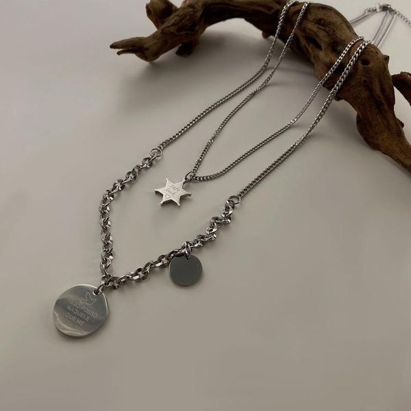 

pendant necklaces vsnow hiphop double layer circle geometric letter star necklace for men asymmetric stainless steel jewelry, Silver