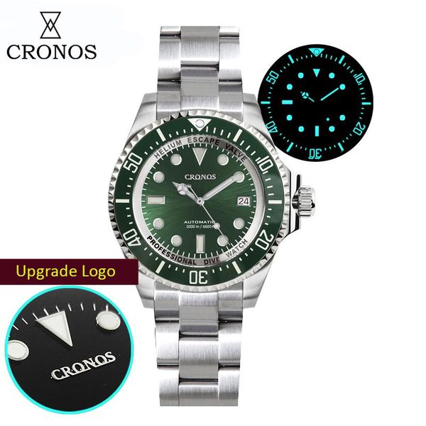 

wristwatches cronos automatic diving watch men nh35 stainless steel 2000m water resistance professional diver watches mechanical green dial, Slivery;brown