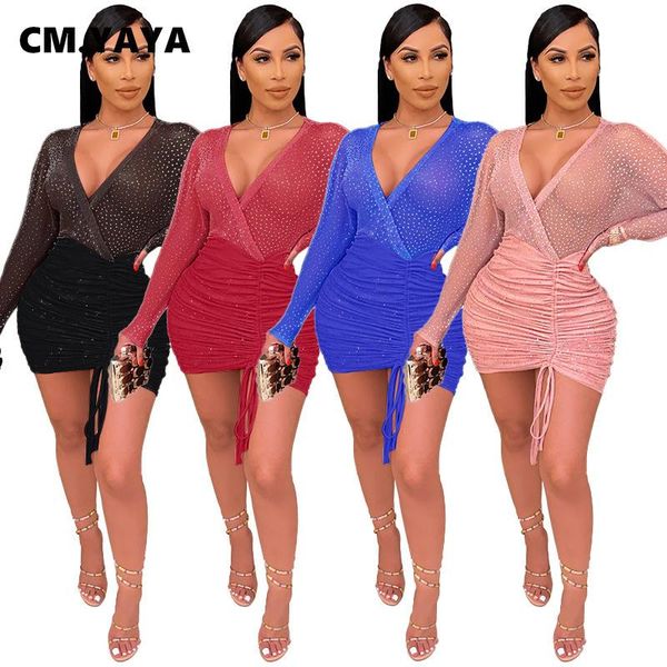 

cm.yaya rhinestones mesh splicing v-neck tie up ruched midi bodycon dress for women club party pencil dresses vestidos casual, Black;gray