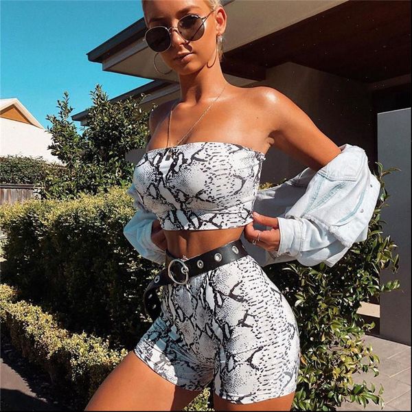 

snake skin two piece set womens tracksuits strapless low cut backless crop elastic waist shorts summer fashion beachwear 2, Gray