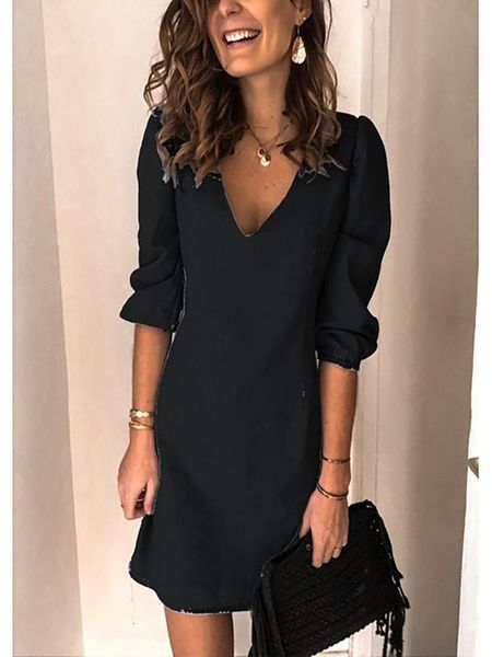 

spring / summer 2021 long solid color v-collar short-sleeved jeans casual loose 3xl oversized dress for ladies dresses, Black;gray