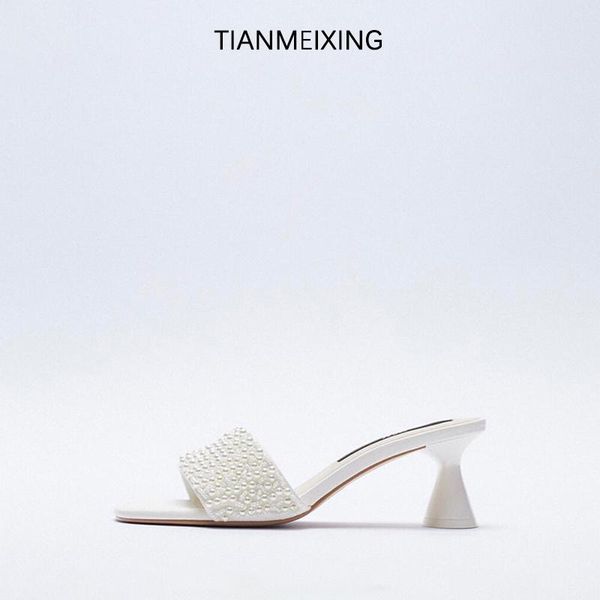

dress shoes 2021 summer square toe half slippers white pearl decorated high heel sandals thick one word fashion women, Black