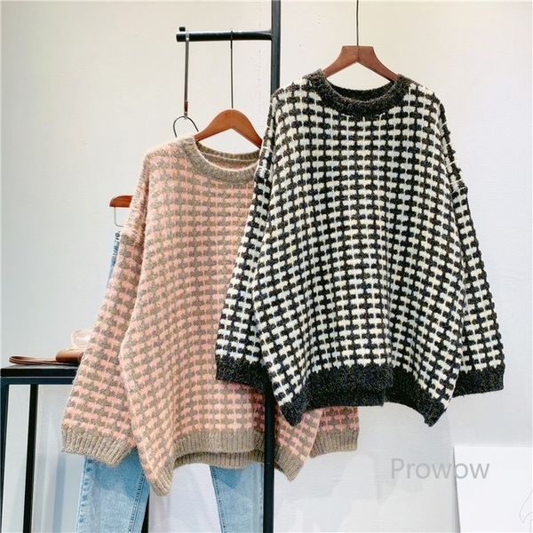 

knits plaid oversized women lazy oaf long pullover spring autumn soft fashion plus size sweater knit, White