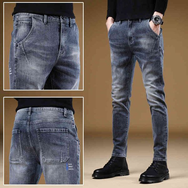 

2021 autumn men's jeans korean fashion slim fit casual simple elastic dark straight pants, Blue