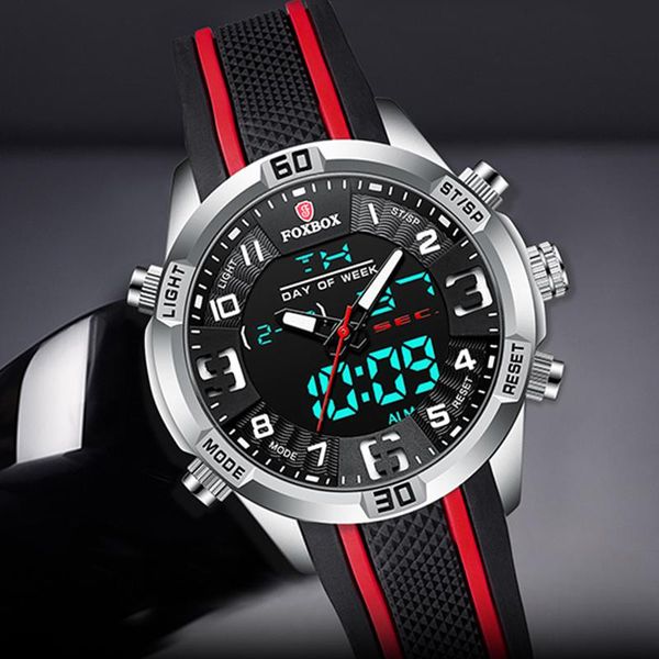

wristwatches mens watches silicone strap waterproof watch for men foxbox dual display quartz clock male relogio masculino, Slivery;brown