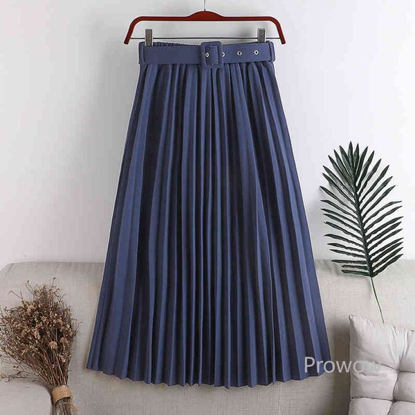 

skirt ladies elegant pleated women elastic high waist belt midi a line long mujer faldas green burgundy blue, Black