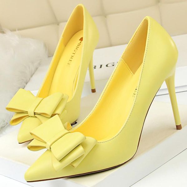 

2021 spring sweet women 10cm stripper high heels party pumps shallow pointed toe bowknot pumps new style plus size lady shoes, Black