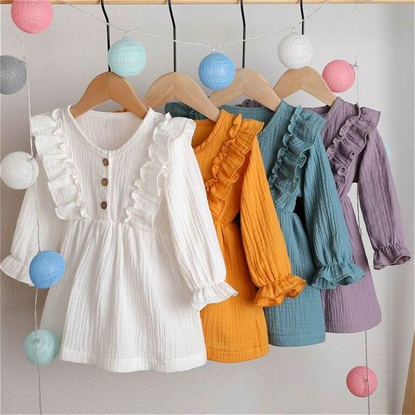 

girl's dresses 1-6y kids baby girls dress 2021 summer autumn children solid color long sleeve ruffle la-line casual loose clothes, Red;yellow