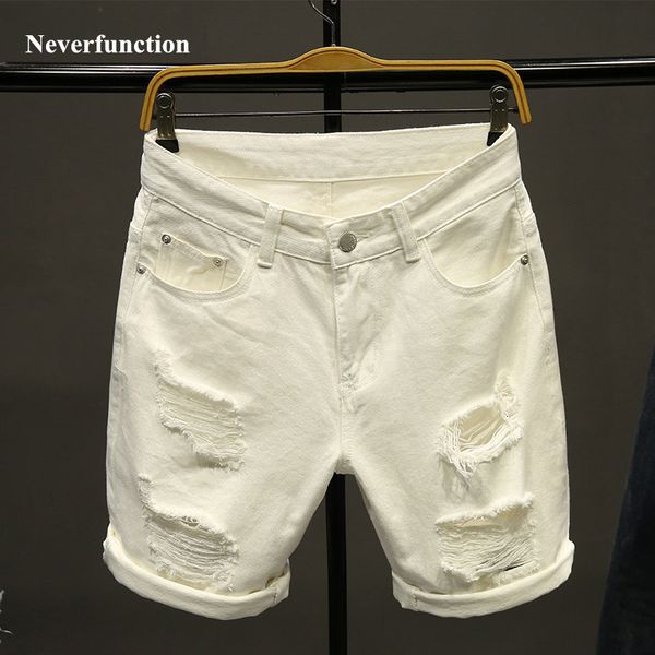 

shorts summer white men ripped straight short fashion hip hop bermuda holes male solid color casual beach denim shorts, White;black