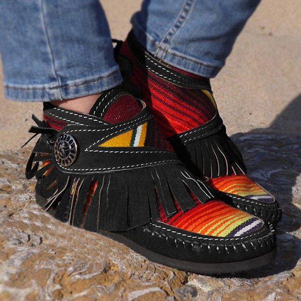 

boots women ankle autumn plus size pu lesther striped mixed color sewing fringe hook female flats shoes fashion, Black