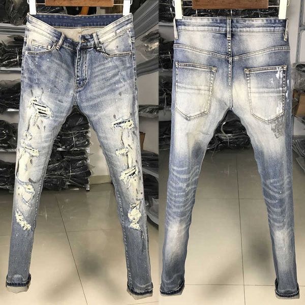 

men's jeans american street style fashion retro light gray blue slim fit ripped for painted designer hip hop punk pants i6qs