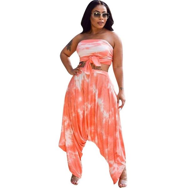 

two piece dress tie dye print women summer clothes strapless bra and ruched loose long pants 2 set bohemian style beach outfit, White