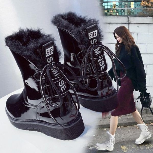 

boots swyivy winter shoes women fur snow increased wedges 2021 female warm plush ankle platform sneakers white, Black