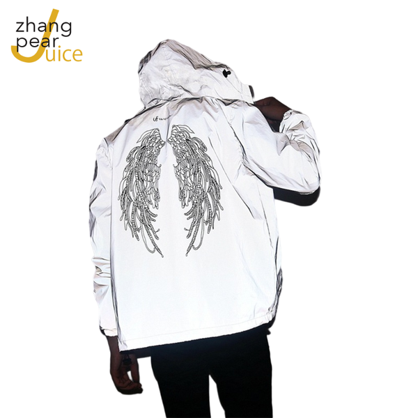

men's jackets long sleeved reflective jacket men women harajuku windbreaker streetwear hooded hip-hop night shiny coat, Black;brown