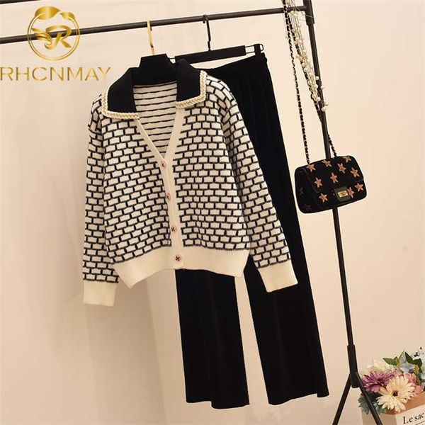 

sweetwear two piece sets women geometric patterns knitting cardigans sweater + elastic wide leg long pants suits lady 211126, White