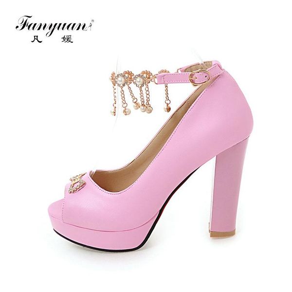 

dress shoes fanyuan fashion pearl chain ankle strap pumps women buckle high heels sweet crystal butterfly-knot platform, Black