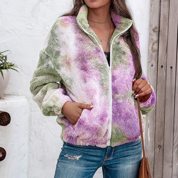 

women's wool & blends autumn winter european and american clothing independent station tie-dye plush coat zipper long sleeve short top, Black