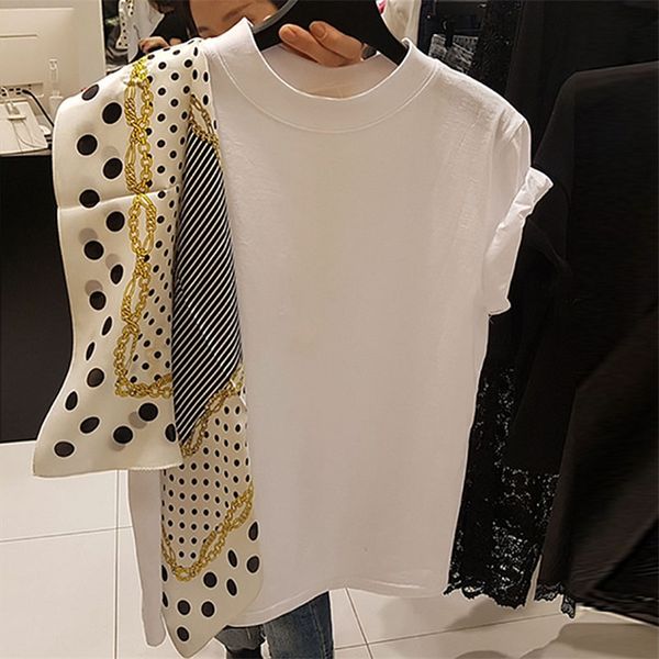 

women's elegant t shirt polka dot silk scarf stitching short-sleeved casual loose chic japan t-shirt korean fashion tees gd017 210320, White