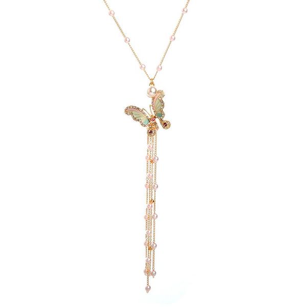 

pendant necklaces balanbiu unique enamel crystal butterfly acrylic pearl tassel necklace for women gold color long chain jewelry, Silver