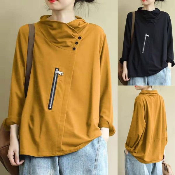 

women's hoodies & sweatshirts 40# plus size women sweatshirt long sleeve solid zipper button turtleneck korean style, Black